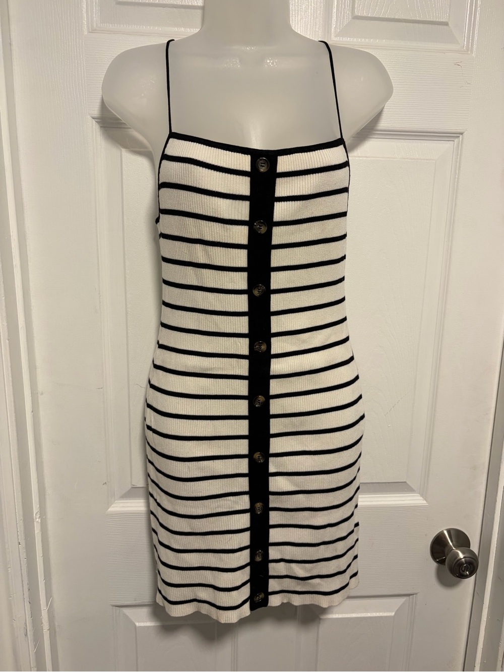 Striped Ribbed Knit Button-Front Dress - White/Black